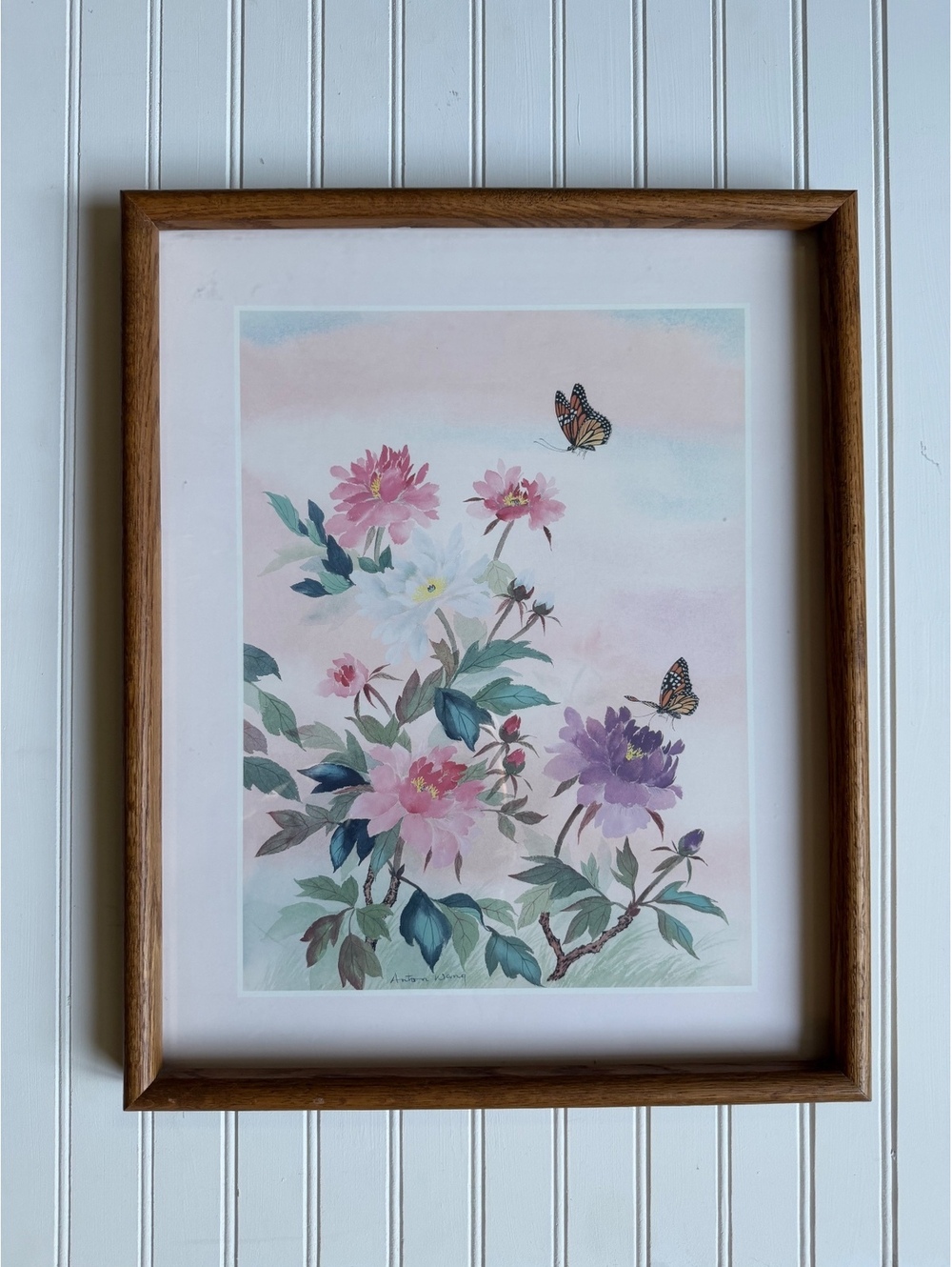 Vintage Anton Wang Framed Lithograph Print Peonies Butterflies Asian Style 17x21